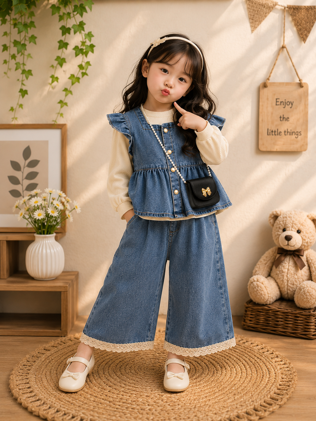 Girls 3-Piece Denim Co-Ord Set with Sling Bag | Korean Style Top & Wide Leg Pants | 1-5 Years