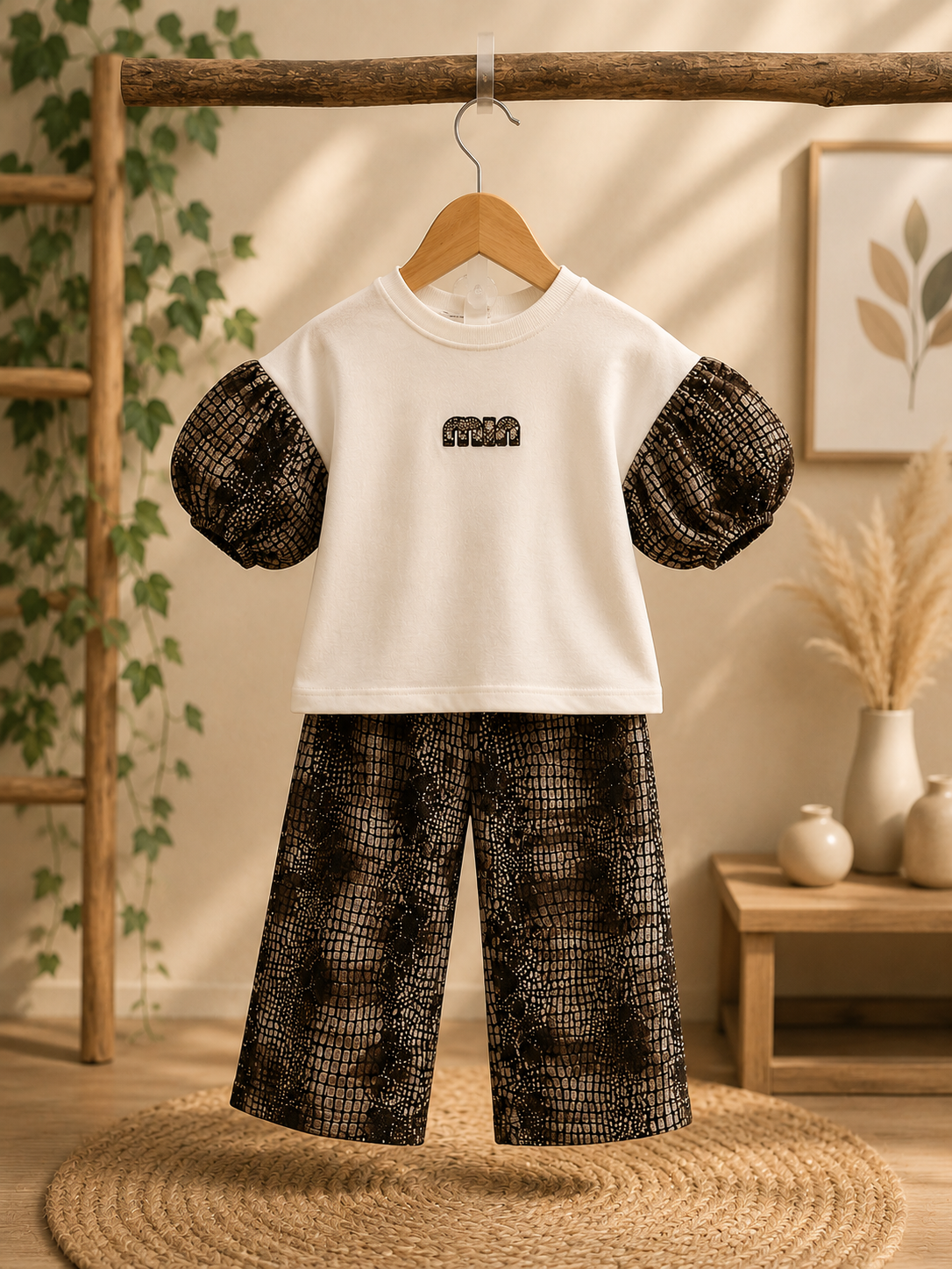 Girls Premium Puff Sleeve Co-Ord Set | Korean Style Printed Top & Wide Leg Pants | 2-7 Years
