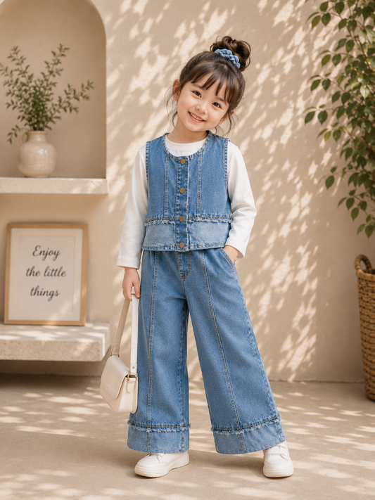 Girls 3-Piece Denim Co-Ord Set | Korean Style Denim Vest, Full Sleeve T-Shirt & Wide Leg Pants | 1-5 Years