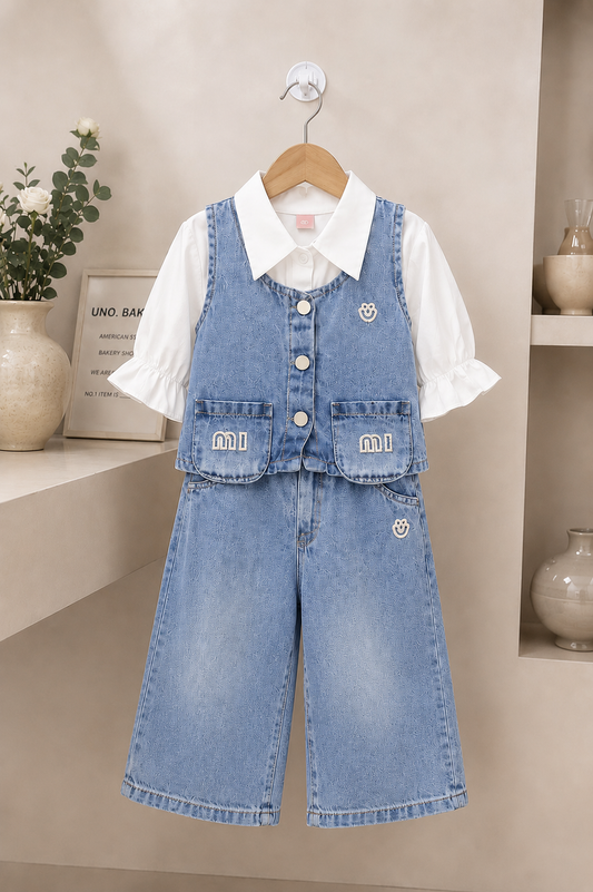 Girls 3-Piece Denim Co-Ord Set | White Top, Denim Vest & Wide Leg Jeans (14-22)