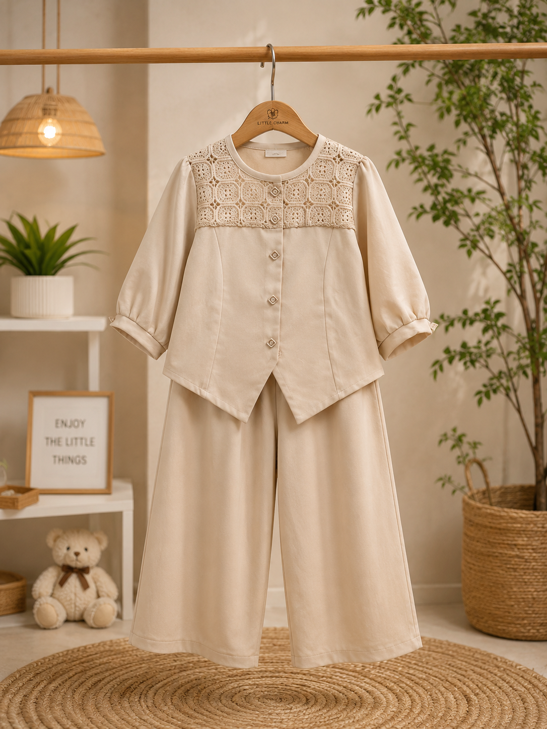 Girls Premium Beige Lace Yoke Co-Ord Set | Elegant Top & Wide Leg Pant Set (4–11 Years)
