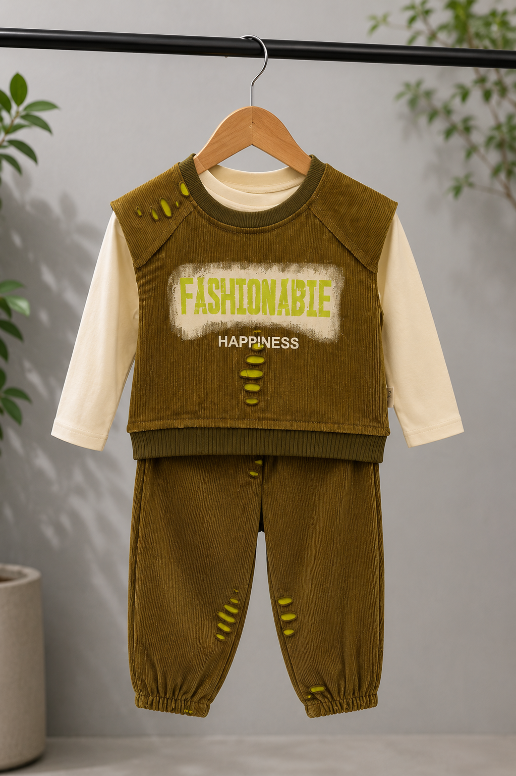 Fashionable Kids Cord Set | Full Sleeve T-Shirt with Ribbed Co-ord Set | Olive Green | 1-6 Years