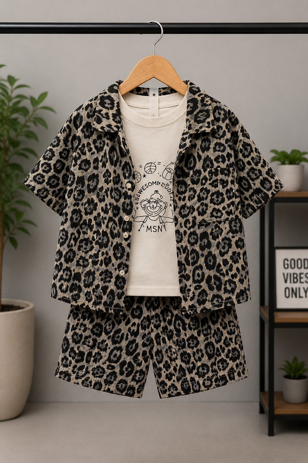 Boys Leopard Print 3-Piece Co-Ord Set – Shirt, Graphic T-Shirt & Shorts | Summer Outfit (1–6 Years)