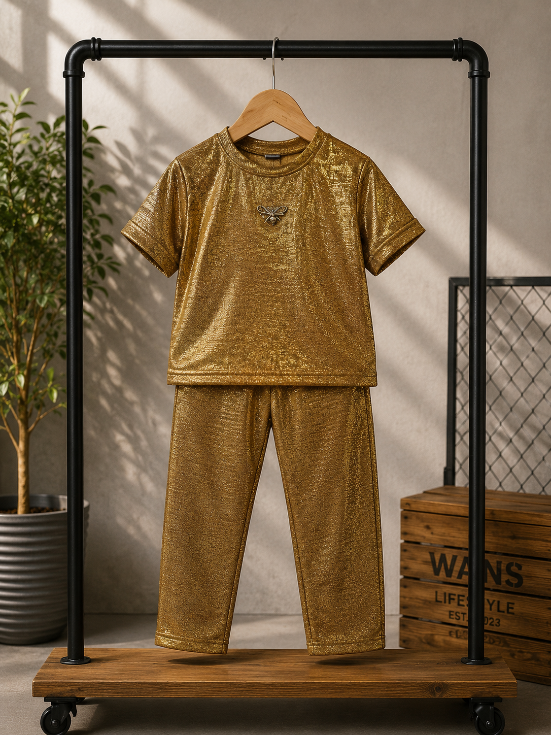 Girls Premium Shimmer Co-ord Set – Golden | Half Sleeve T-Shirt & Pants Set (2–7 Years)