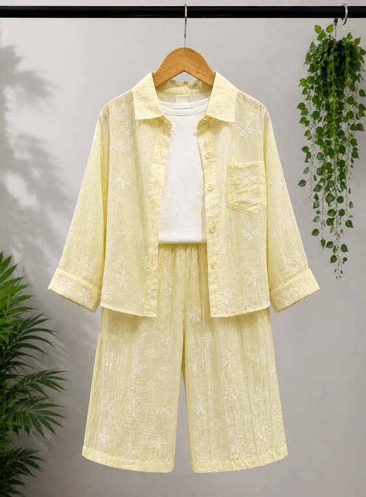 Girls 3-Piece Yellow Cotton Co-Ord Set | Embroidered Shirt, T-Shirt & Wide Leg Pants | 2-6 Years