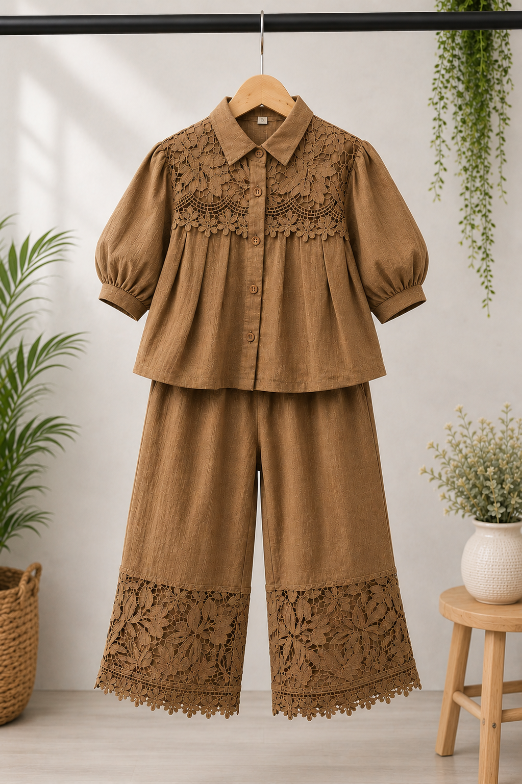 Girls Brown Lace Co-Ord Set | Designer Shirt & Wide Leg Pants | Party Wear | Size 24-36