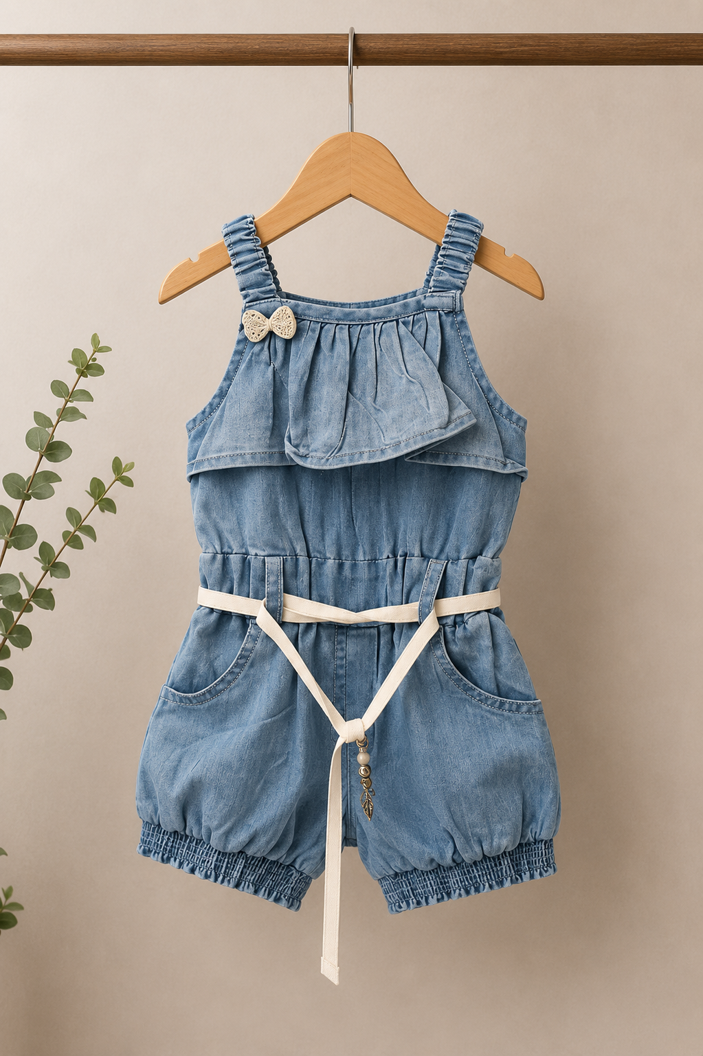 Girls Premium Denim Romper with Belt – Light Blue Sleeveless Jumpsuit (1–6 Years)