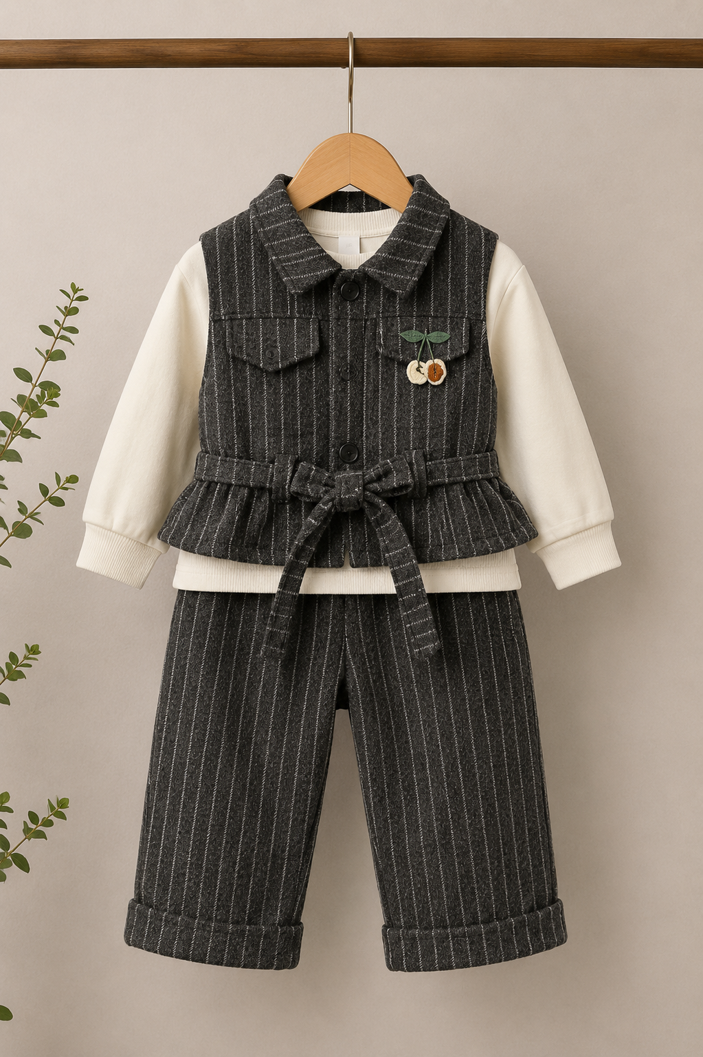 Girls Premium 3-Piece Winter Stripe Cord Set with Belt – Grey | 1-6 Years