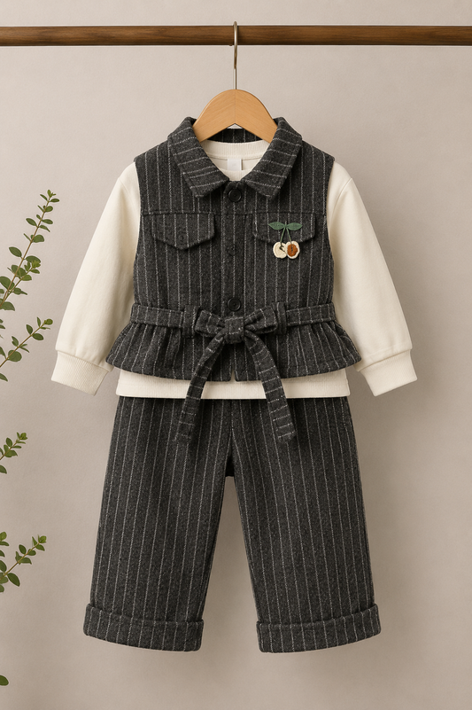 Girls Premium 3-Piece Winter Stripe Cord Set with Belt – Grey | 1-6 Years