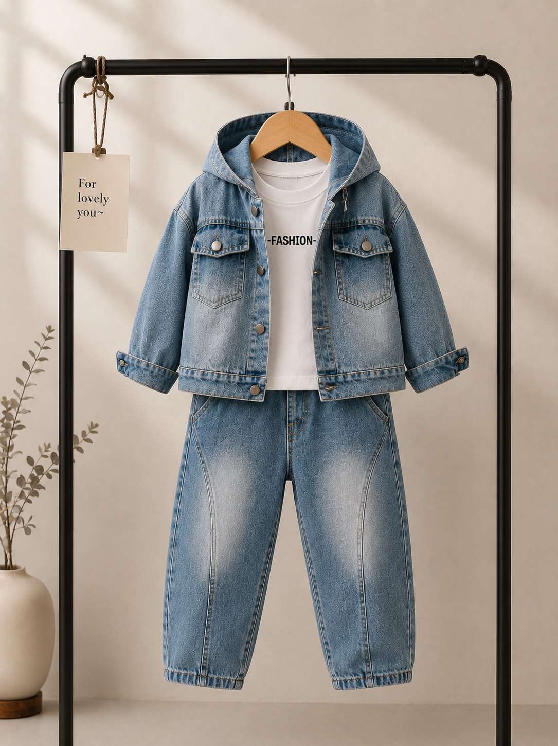 Boys Premium 3-Piece Denim Co-ord Set with Hooded Jacket – Light Blue (1–6 Years)