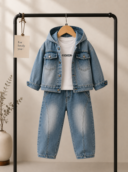 Boys Premium 3-Piece Denim Co-ord Set with Hooded Jacket – Light Blue (1–6 Years)