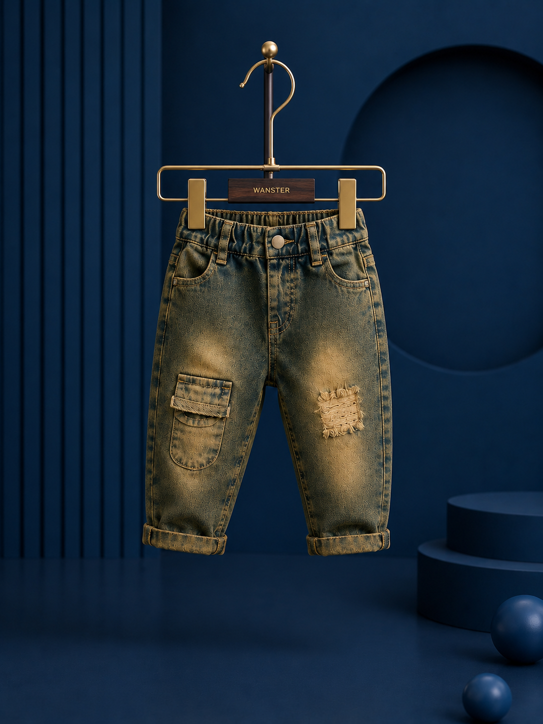 Baby Boys Vintage Blue Cargo Denim Jeans | Soft Stretch Casual Jeans (6M–3 Years)