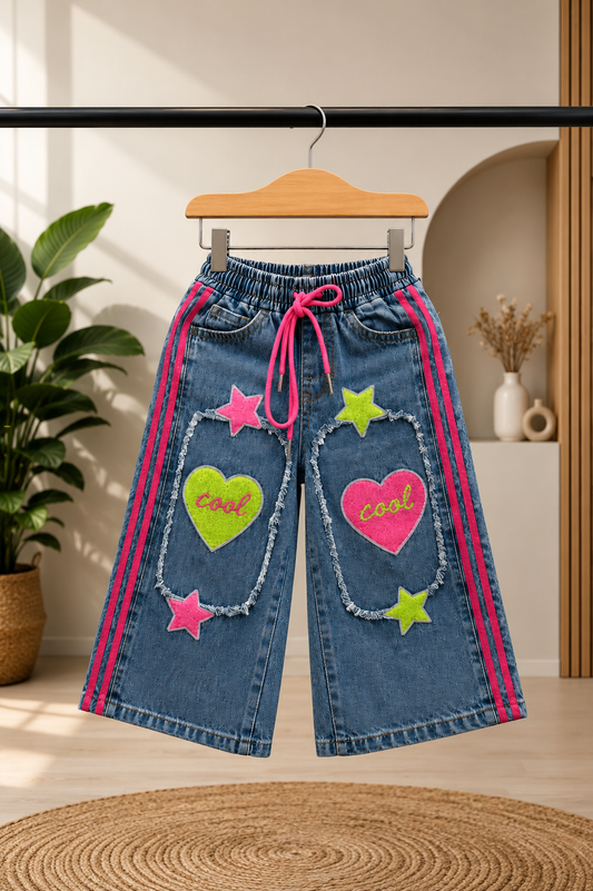 Girls Wide Leg Denim Jeans with Heart & Star Patch | Stylish Kids Baggy Jeans (4-11 Years)