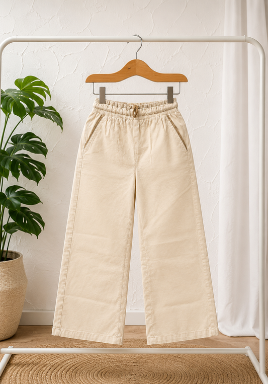Cream Wide Leg Cotton Trousers | Premium Elastic Waist Pants for Girls (4–11 Years)