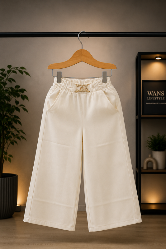 Kids Premium White Wide Leg Pants with Gold Buckle | Elegant Casual Trousers | 1-6 Years