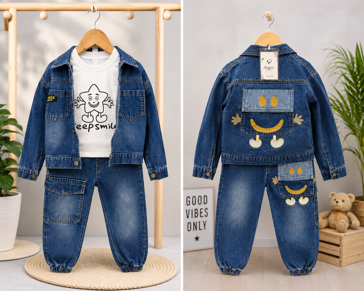 Boys 3-Piece Denim Jacket, T-Shirt & Cargo Jogger Set | Premium Korean Style Outfit (1–7 Years)