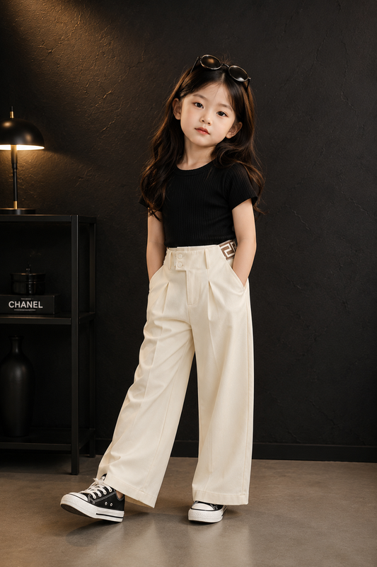 Girls Premium Wide Leg Cream Trousers | Korean Style Smart Fit Pant (4–11 Years)