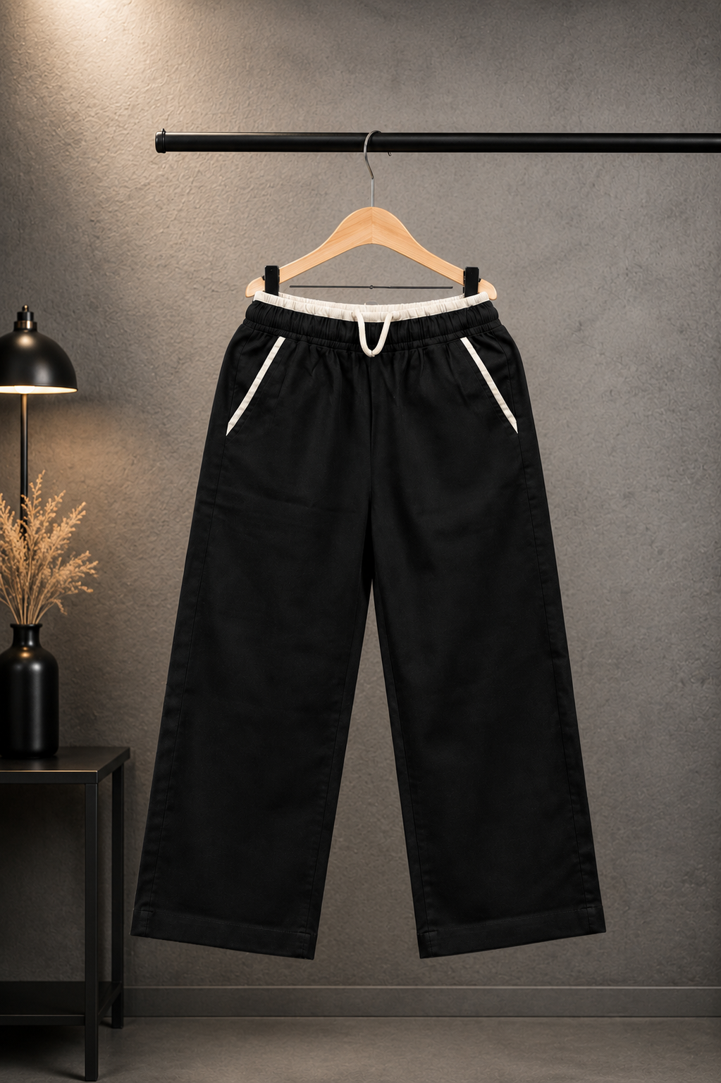 Kids Premium Black Wide Leg Cotton Pants | Contrast Pocket Casual Trousers | 4-11Years
