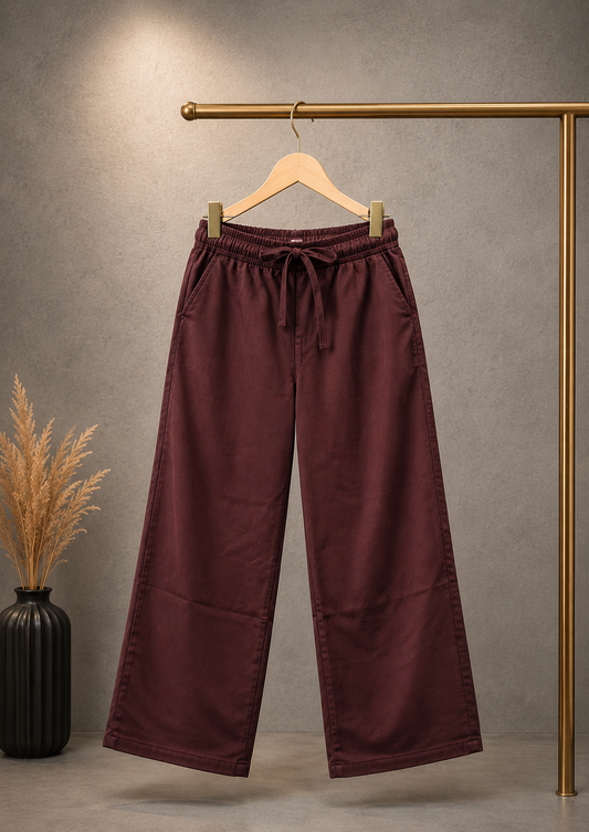 Kids Premium Maroon Wide Leg Cotton Pants | Elastic Waist Casual Trousers | 5-13 Years