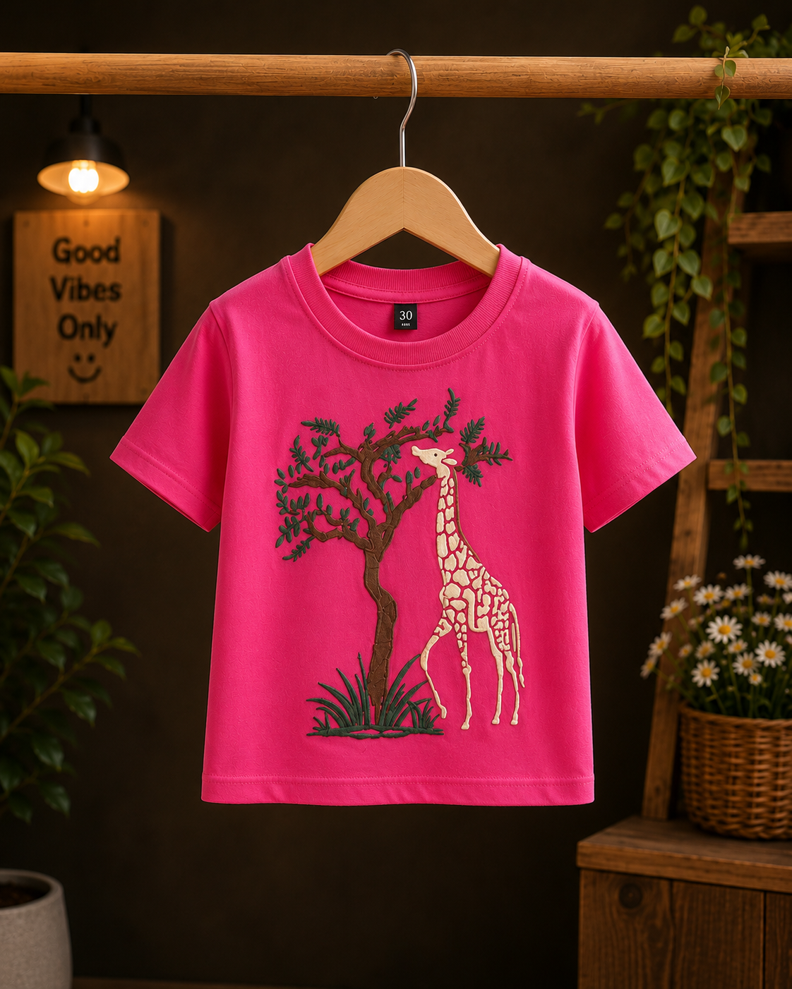 Girls Premium Giraffe Embroidered T-Shirt | Pink Cotton Half Sleeve Tee | 4-11 Years