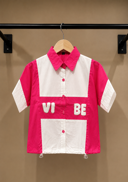 Girls Pink & White Color Block Shirt | Korean Style Half Sleeve Cotton Shirt | 4-11 Years