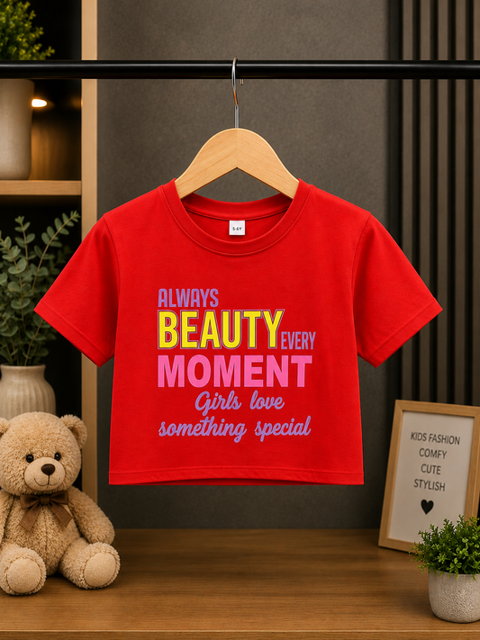 Girls Red Graphic Printed Cotton T-Shirt | Soft Casual Round Neck Tee | 4-11 Years