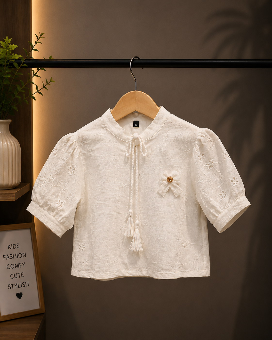 Girls Elegant White Embroidered Puff Sleeve Top | Premium Cotton Blend | 4-11 Years