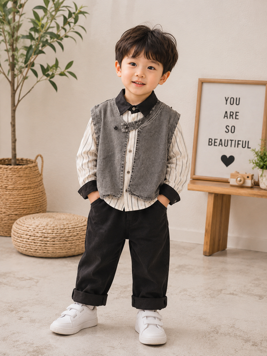 Boys Grey Denim Waistcoat with Striped Shirt | Premium Party Wear (2–7 Years)