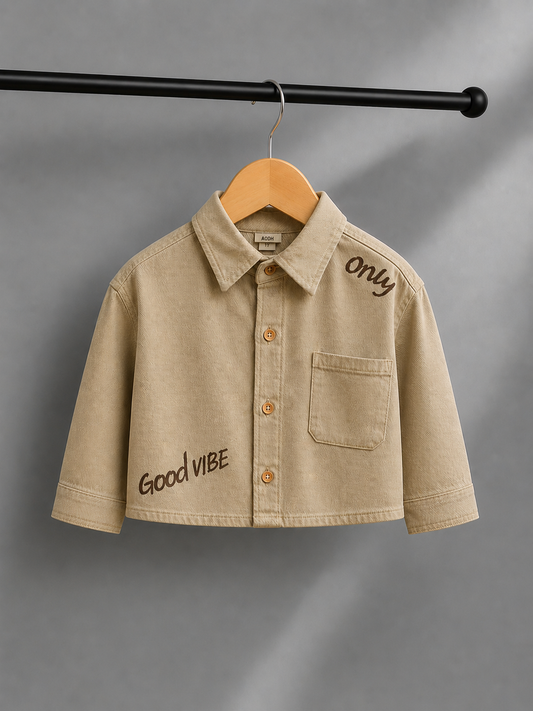 Boys Beige Good Vibe Printed Crop Shirt | Premium Cotton Casual Shirt (2-7 Years)