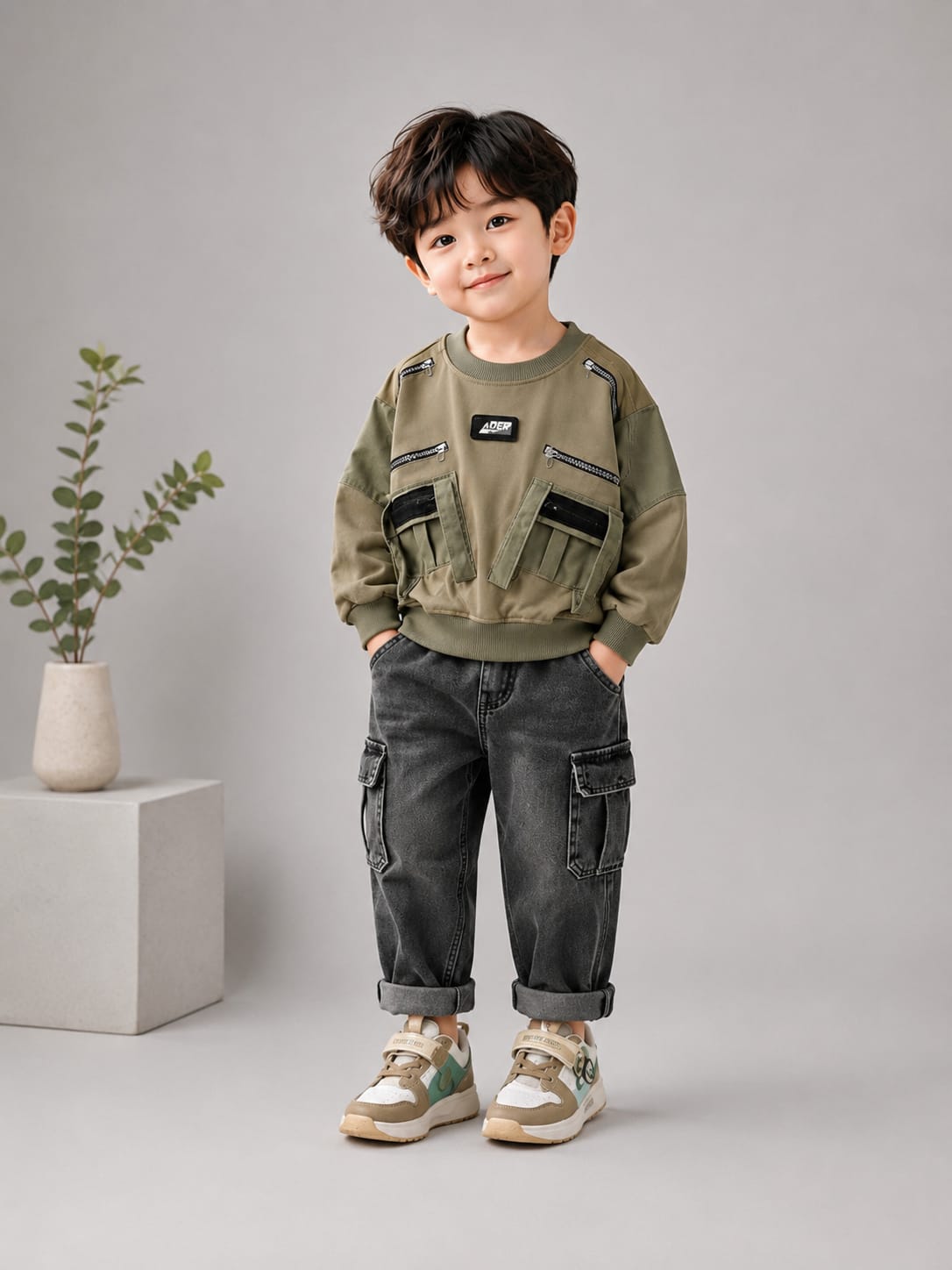 KIDS PREMIUM OLIVE GREEN UTILITY POCKET SWEATSHIRT | SIZES 18–26