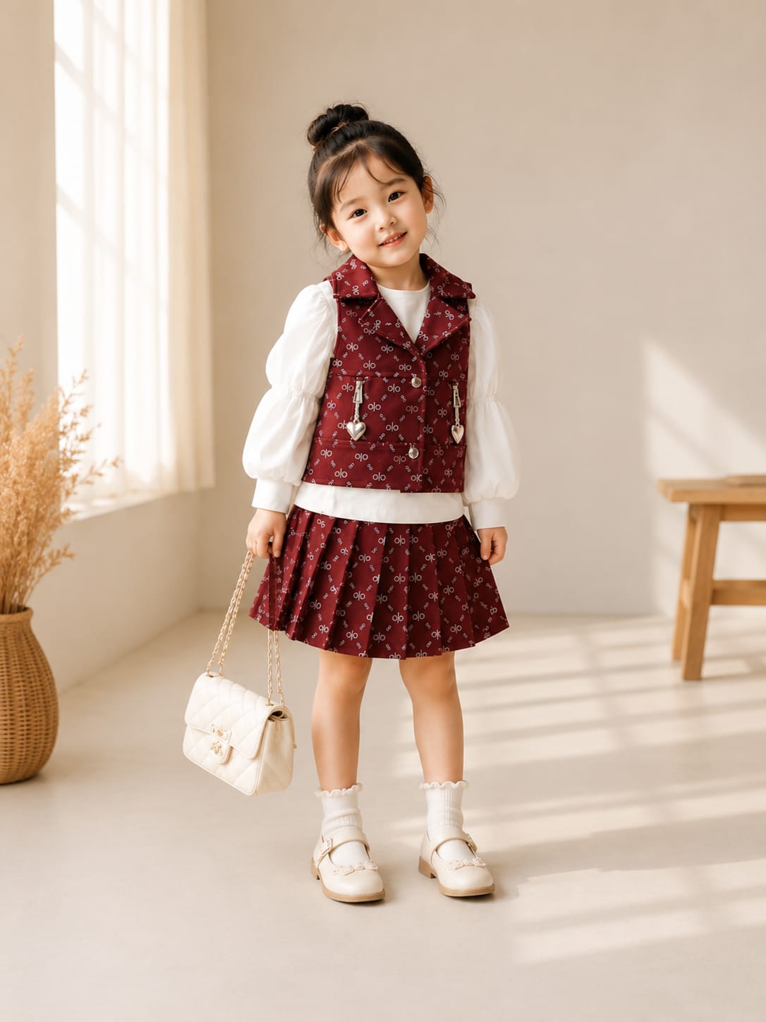 GIRLS PREMIUM MAROON PRINTED VEST & PLEATED SKIRT CO-ORD SET | SIZES 18–26