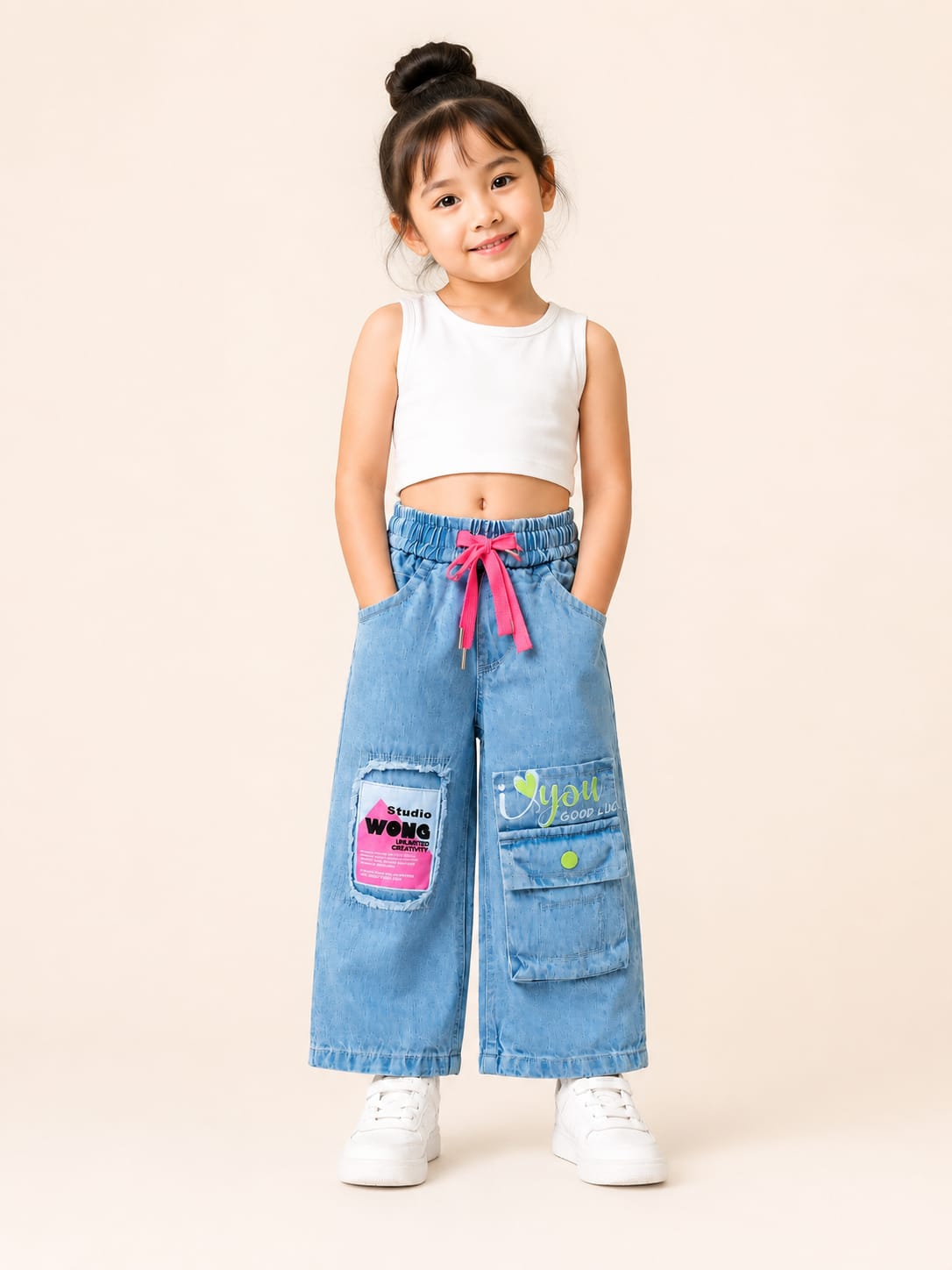 GIRLS LIGHT BLUE WIDE LEG CARGO DENIM JEANS WITH PATCH POCKETS | SIZES 18–26