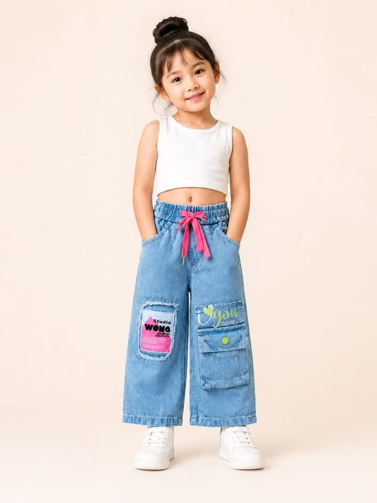 GIRLS LIGHT BLUE WIDE LEG CARGO DENIM JEANS WITH PATCH POCKETS | SIZES 18–26