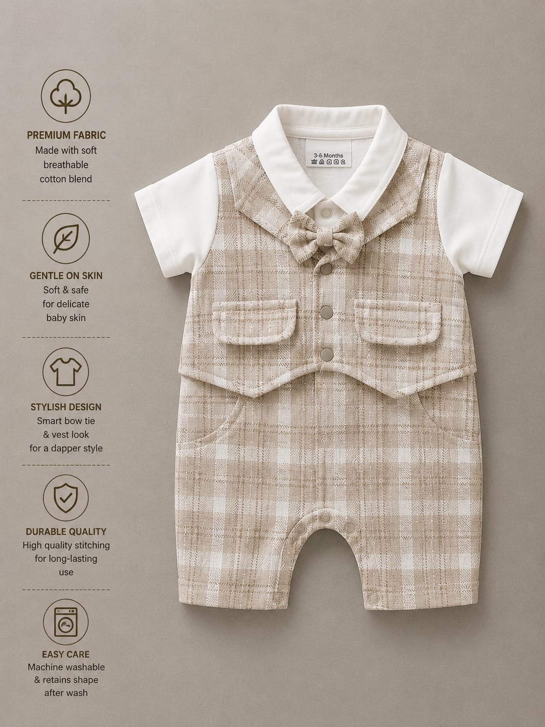 BABY BOYS PREMIUM BEIGE CHECK ROMPER WITH BOW TIE | SIZES 3–12 MONTHS