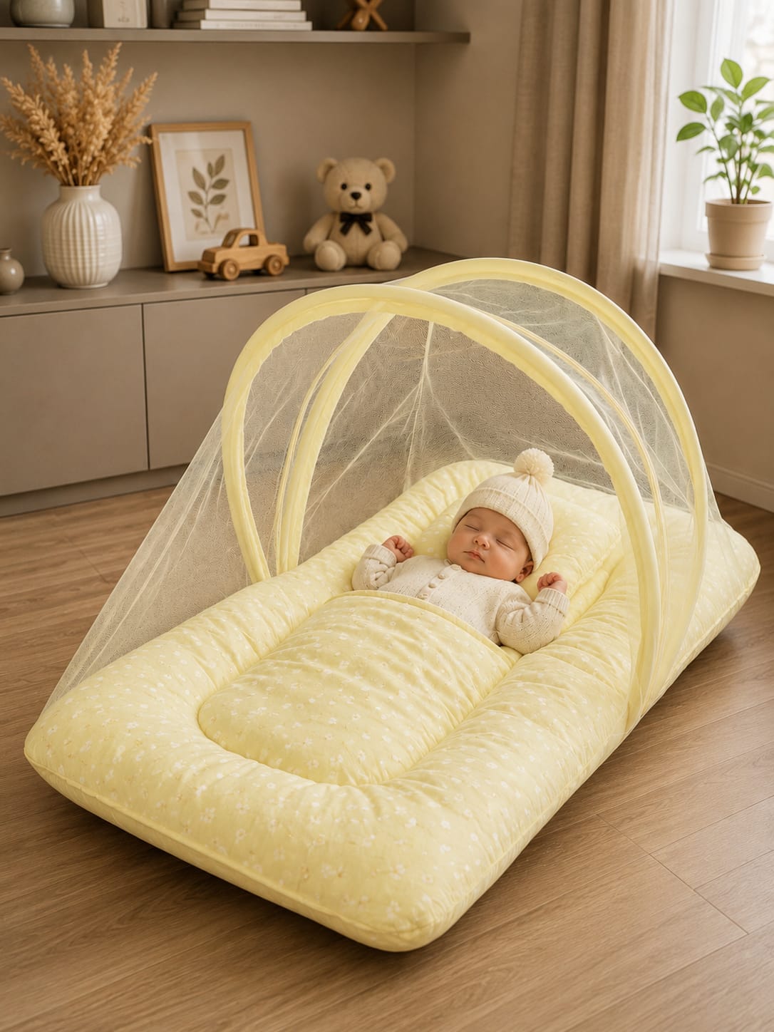 Premium Foldable Baby Mosquito Net Bed with Soft Cushion – Portable Newborn Sleeping Nest | Yellow