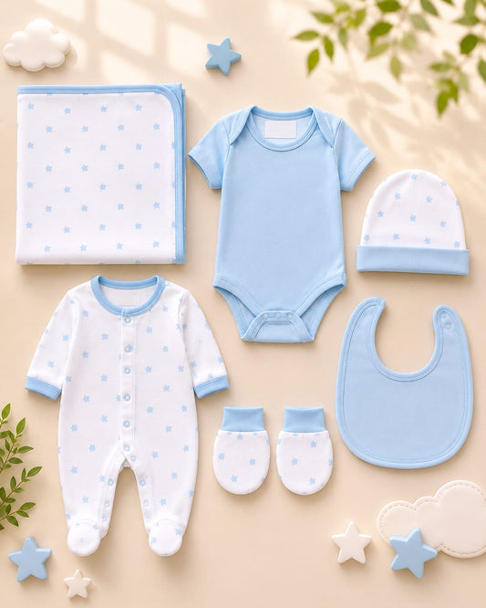 NEWBORN BABY PREMIUM 6-PIECE COTTON GIFT SET – SKY BLUE | 0–6 MONTHS