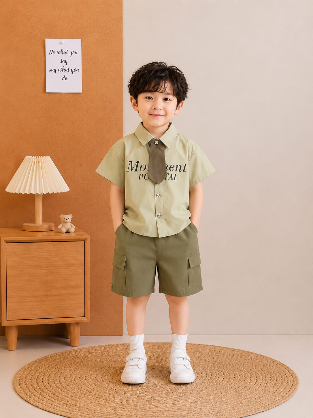 Boys Formal Shirt & Cargo Shorts Set with Tie | Light Pistachio & Olive Green | 18–26