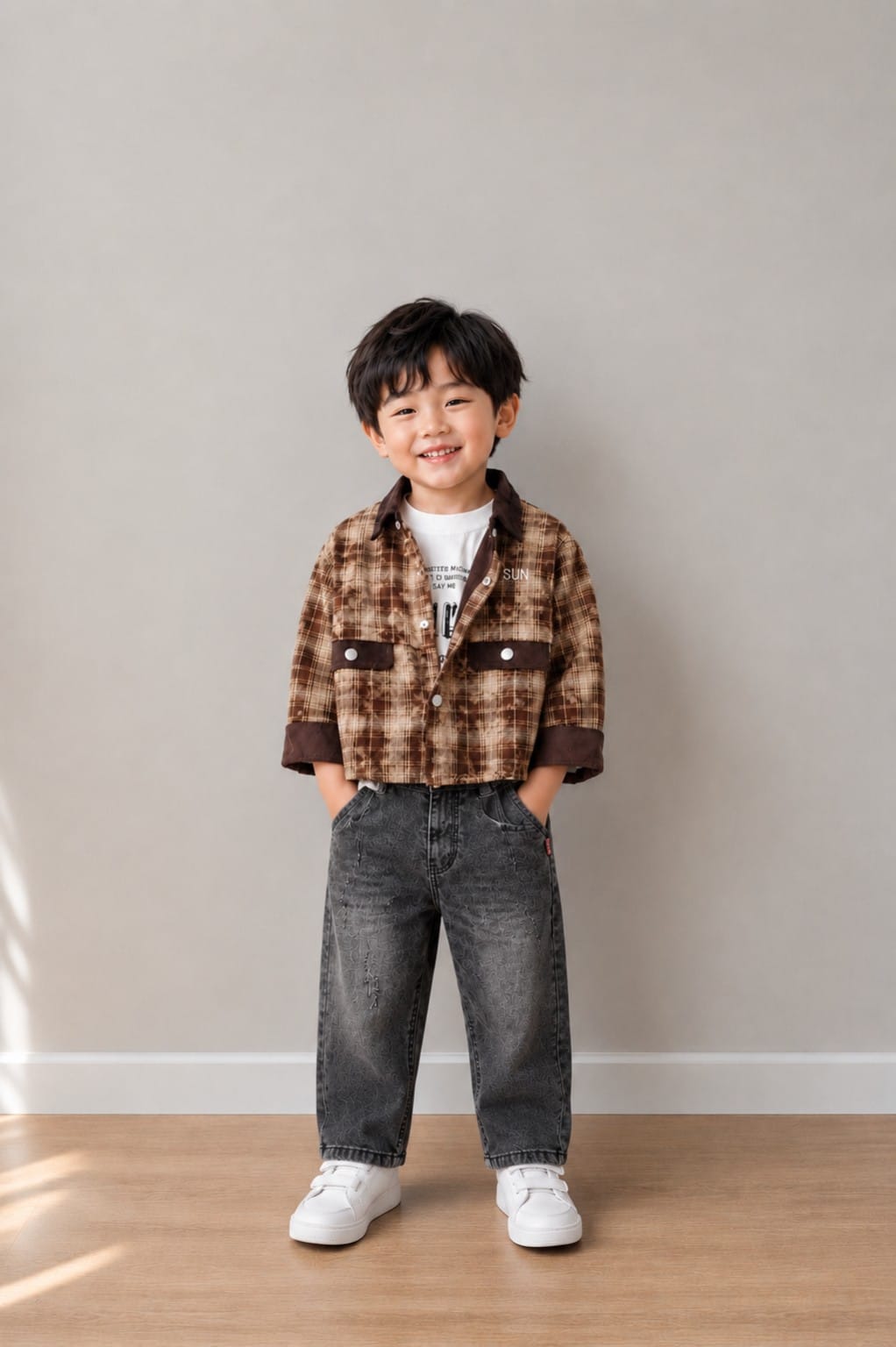 Boys 3-Piece Checked Shirt, T-Shirt & Denim Jeans Set | Brown & Charcoal Grey | 18–26