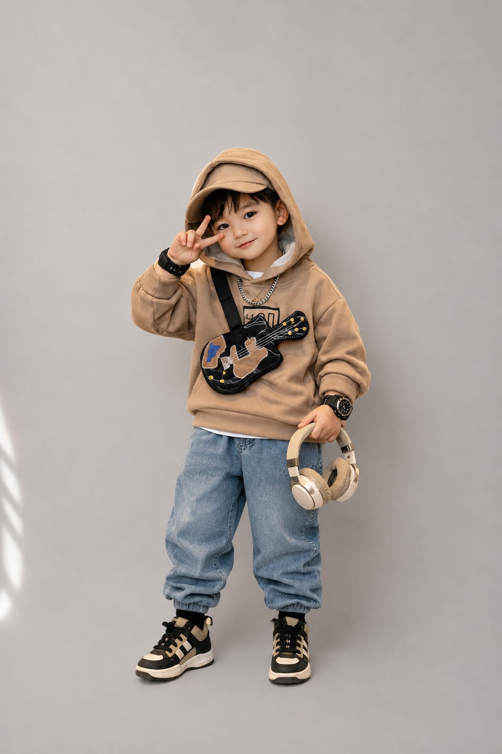 Boys Premium Hoodie & Denim Set with Guitar Sling Bag | Beige | 18–26