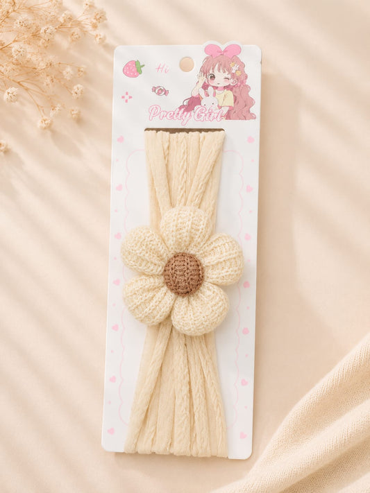 Baby Girls Cream Daisy Flower Nylon Headband | Soft Stretch Floral Hair Band | Cute Baby Hair Accessory