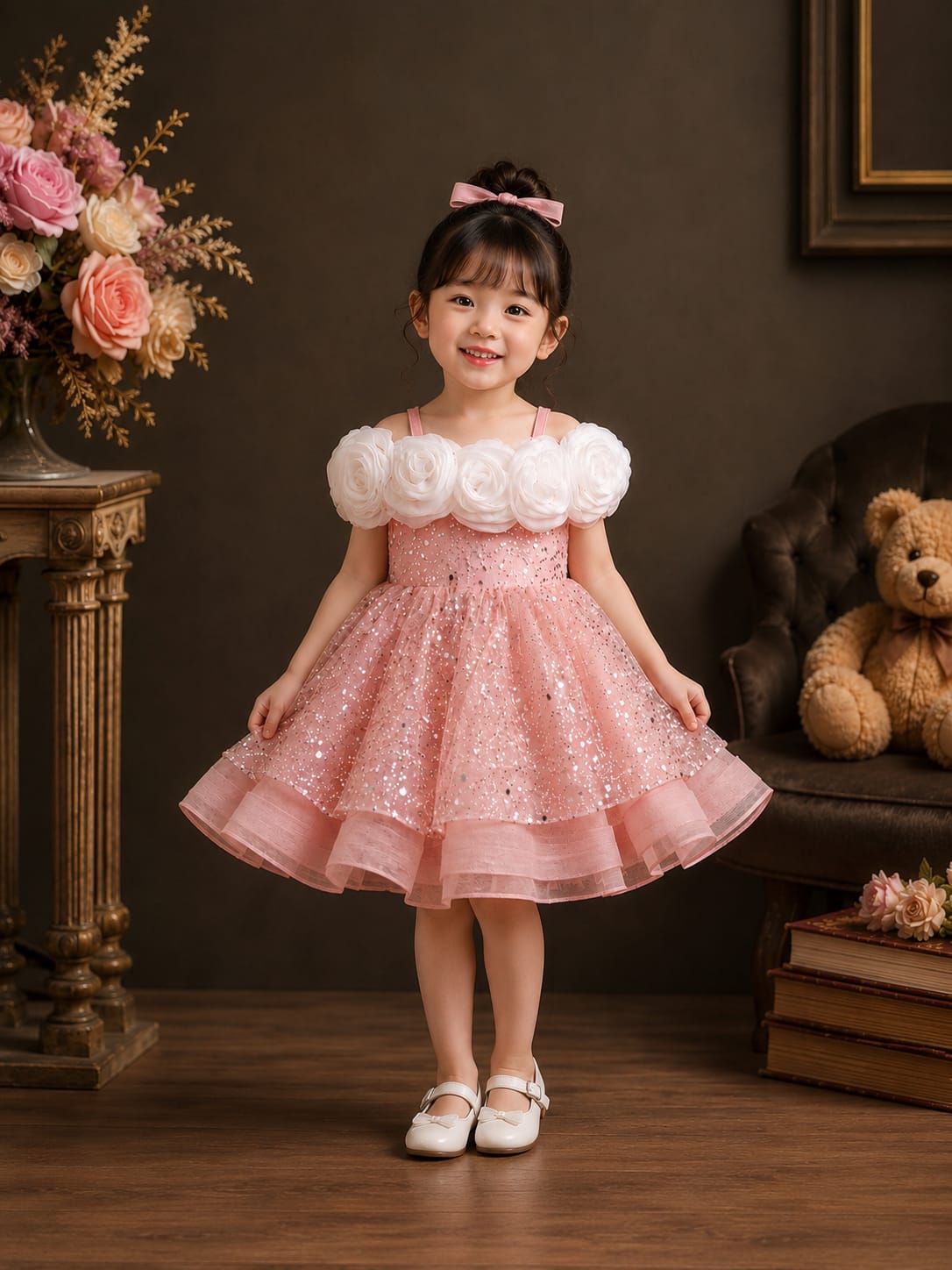 Girls Premium Pink Sequin Party Dress with 3D Floral Bodice | Birthday & Wedding Dress | Size 16–20