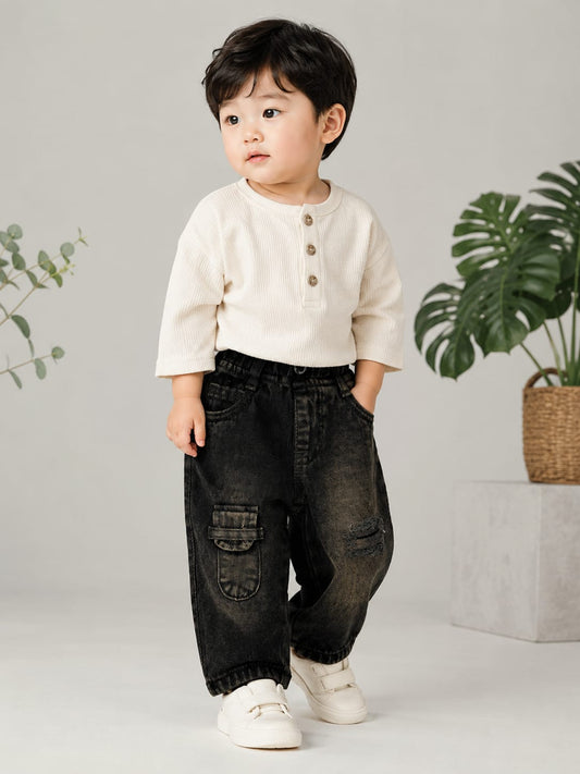 WANSTER Kids Washed Black Utility Baggy Jeans | Premium Denim | 4 Months–3/4 Years