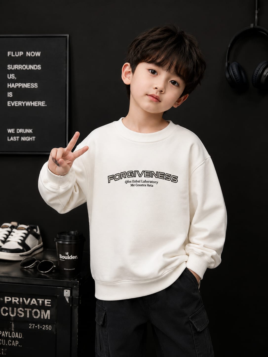 Boys Off White Printed Fleece Sweatshirt | Winter Casual Round Neck | 6–9 Years