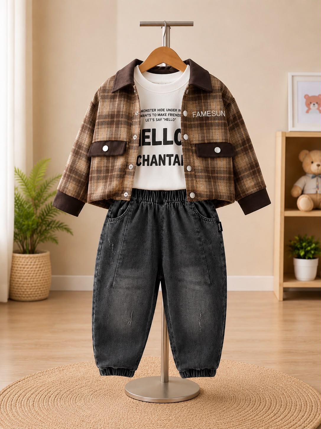 Boys 3-Piece Checked Shirt, T-Shirt & Denim Jeans Set | Brown & Charcoal Grey | 18–26