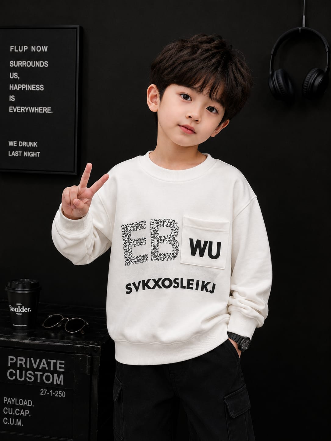 Kids EBWU Printed Winter Sweatshirt | White Cotton Fleece Sweatshirt | Boys Casual Sweatshirt | Size 5–8 Years