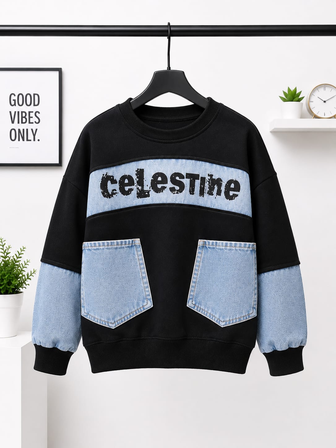 Kids Denim Patch Sweatshirt | Black & Sky Blue All Weather Sweatshirt | 7–9 Years