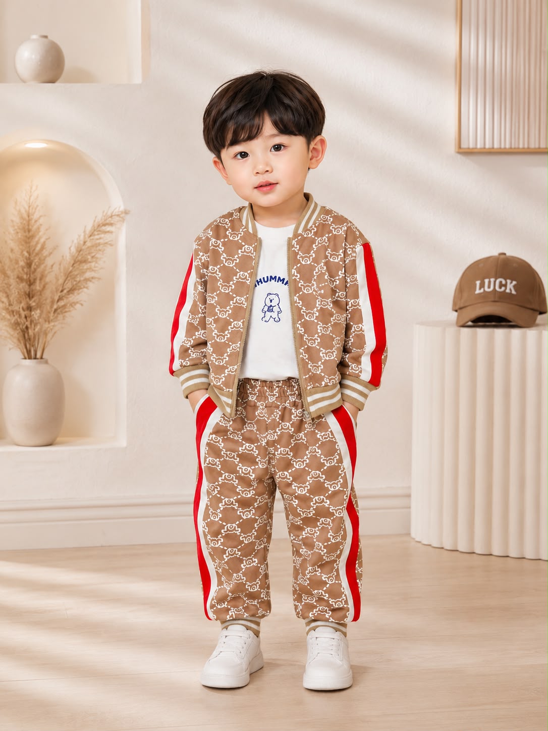 Kids Premium Printed Tracksuit Set | Jacket, T-Shirt & Jogger Co-ord | Brown | Size 18–26