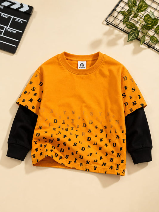 Kids Layered Printed Sweatshirt | Mustard & Black Full Sleeve Sweatshirt | 5–9 Years