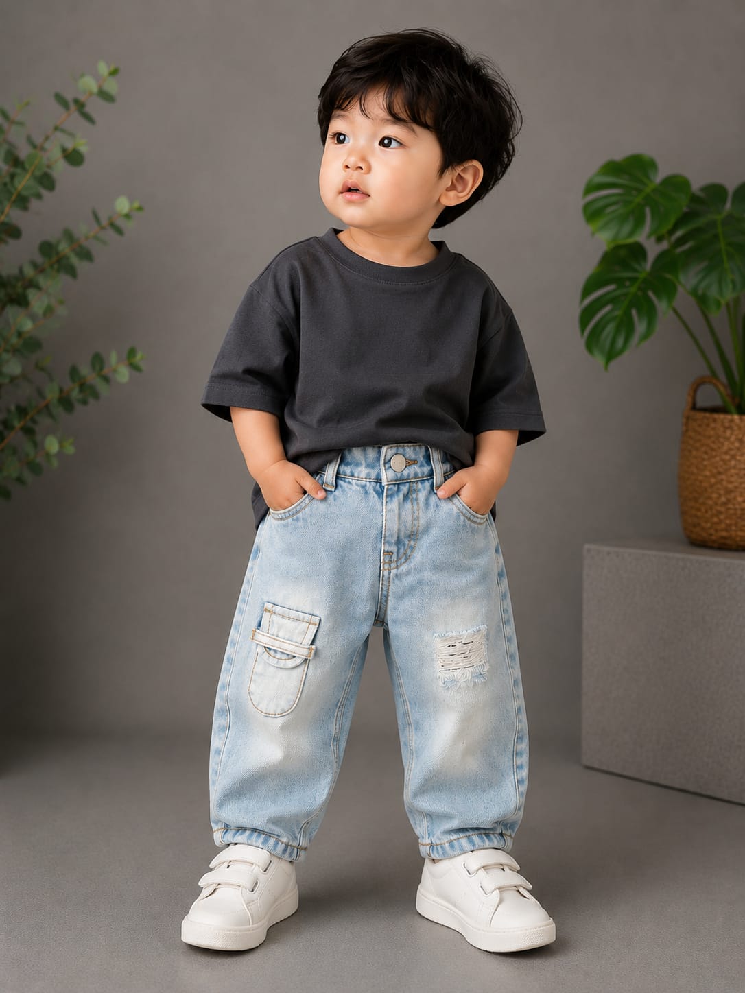 WANSTER Kids Ice Blue Front Utility Pocket Baggy Jeans | Premium Korean Denim | 4 Months–3/4 Years