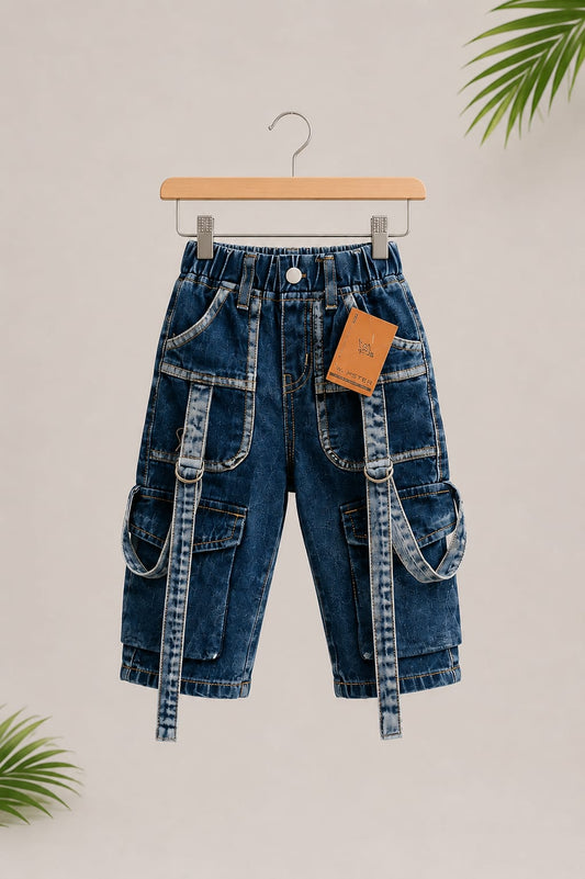 WANSTER Kids Utility Strap Cargo Baggy Jeans | Dark Blue Denim | 2–6 Years